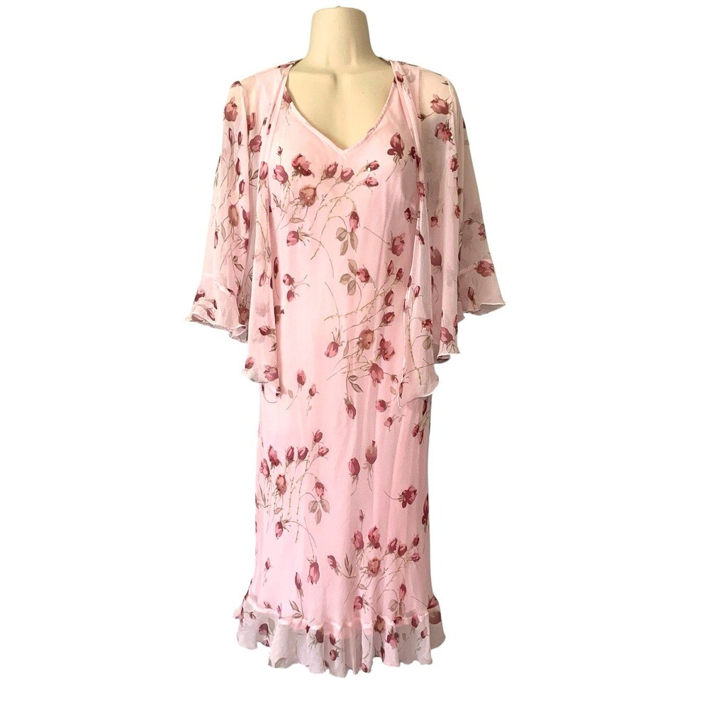 100% Silk Robbie Bee Vtg Pink Floral Y2K  Slip Midi Dress w/ Sheer Jacket - Sz 6